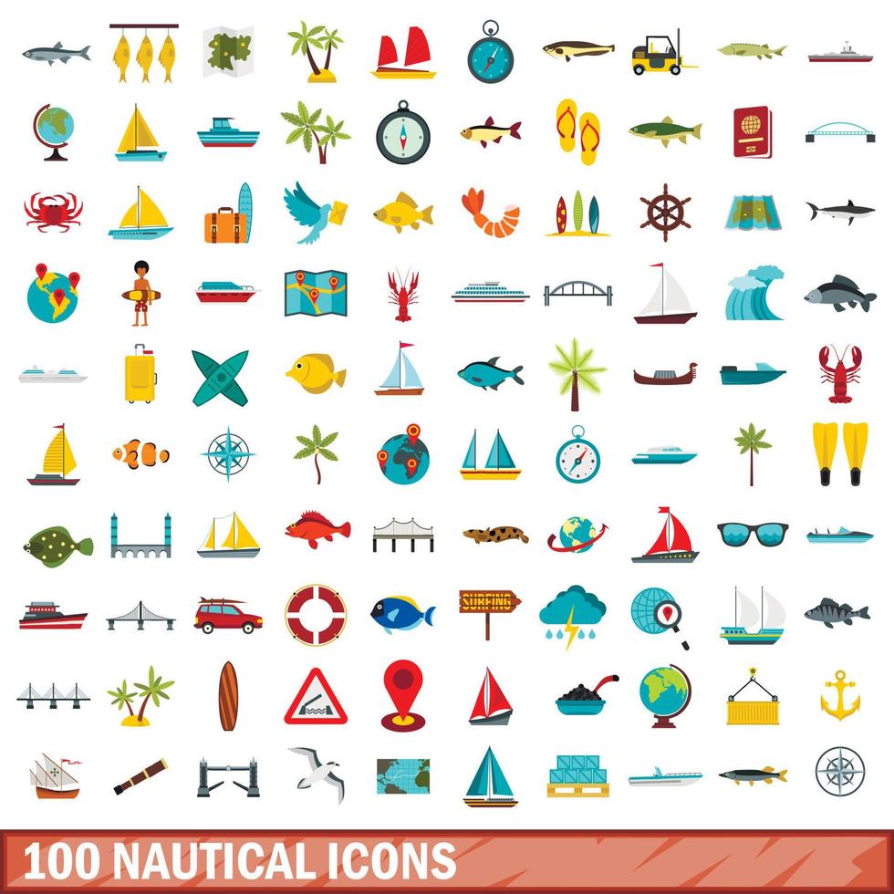 100 nautical icons set, flat style vector