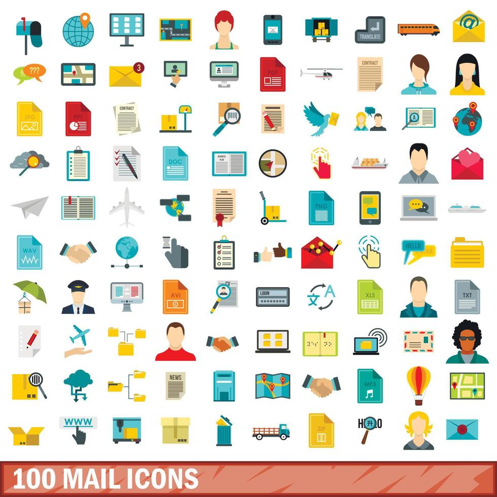 100 mail icons set, flat style vector