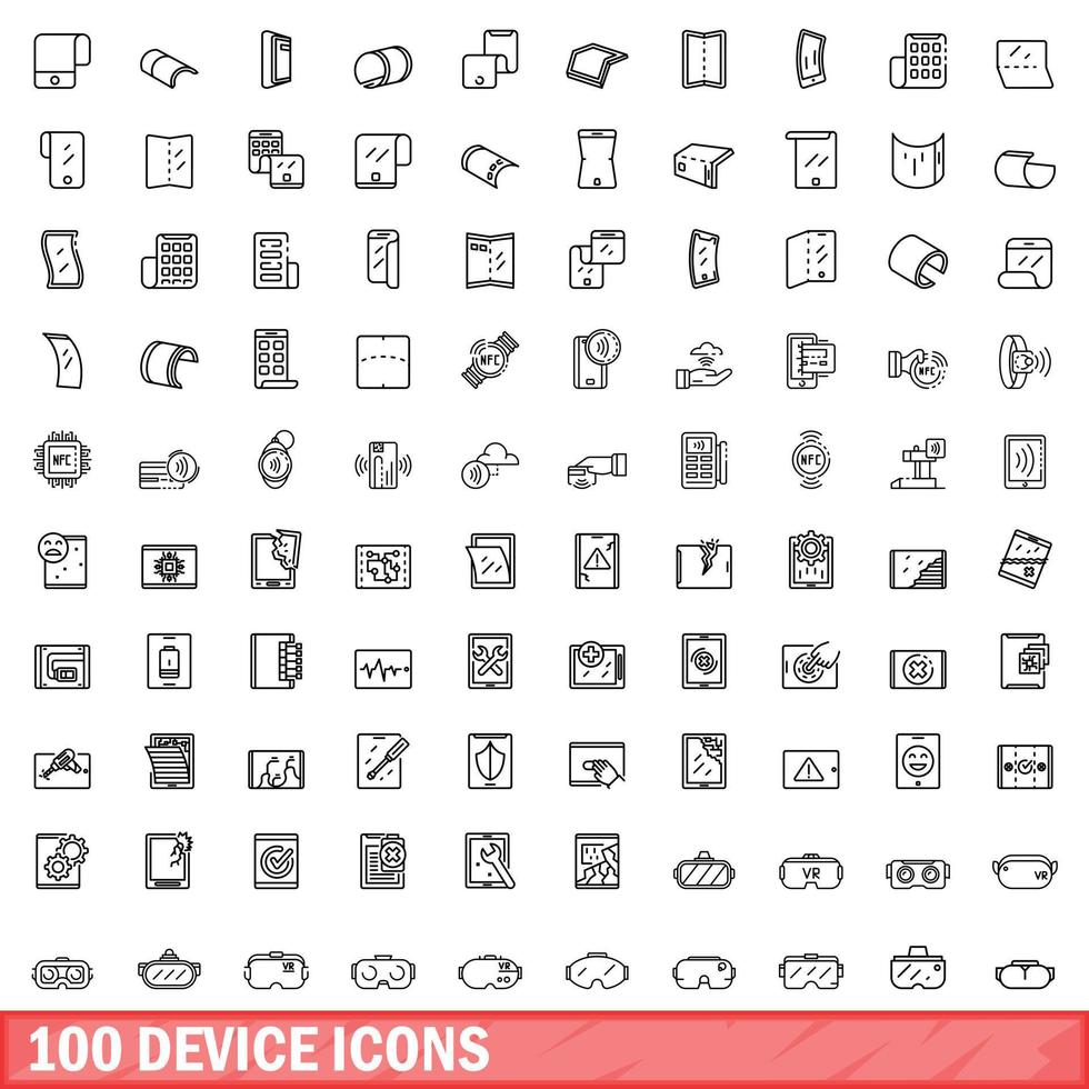 100 iconos de dispositivos establecidos, estilo de esquema vector