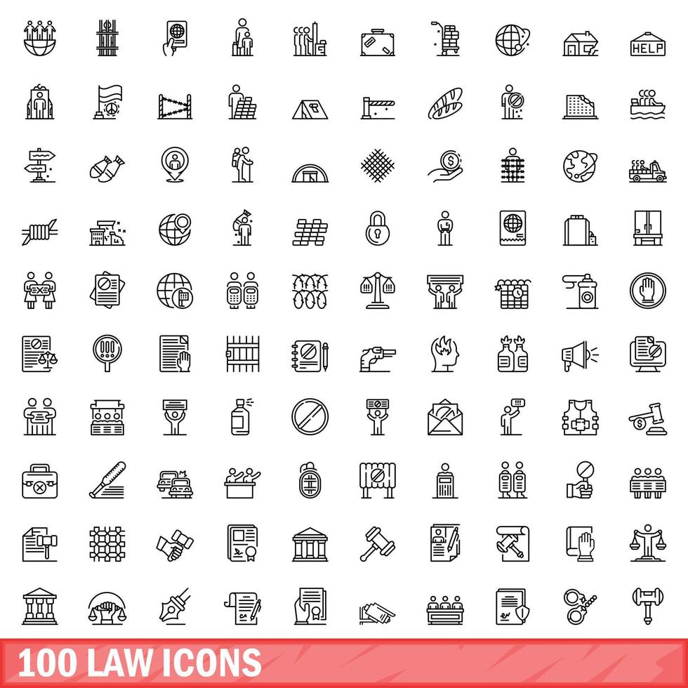 100 law icons set, outline style vector