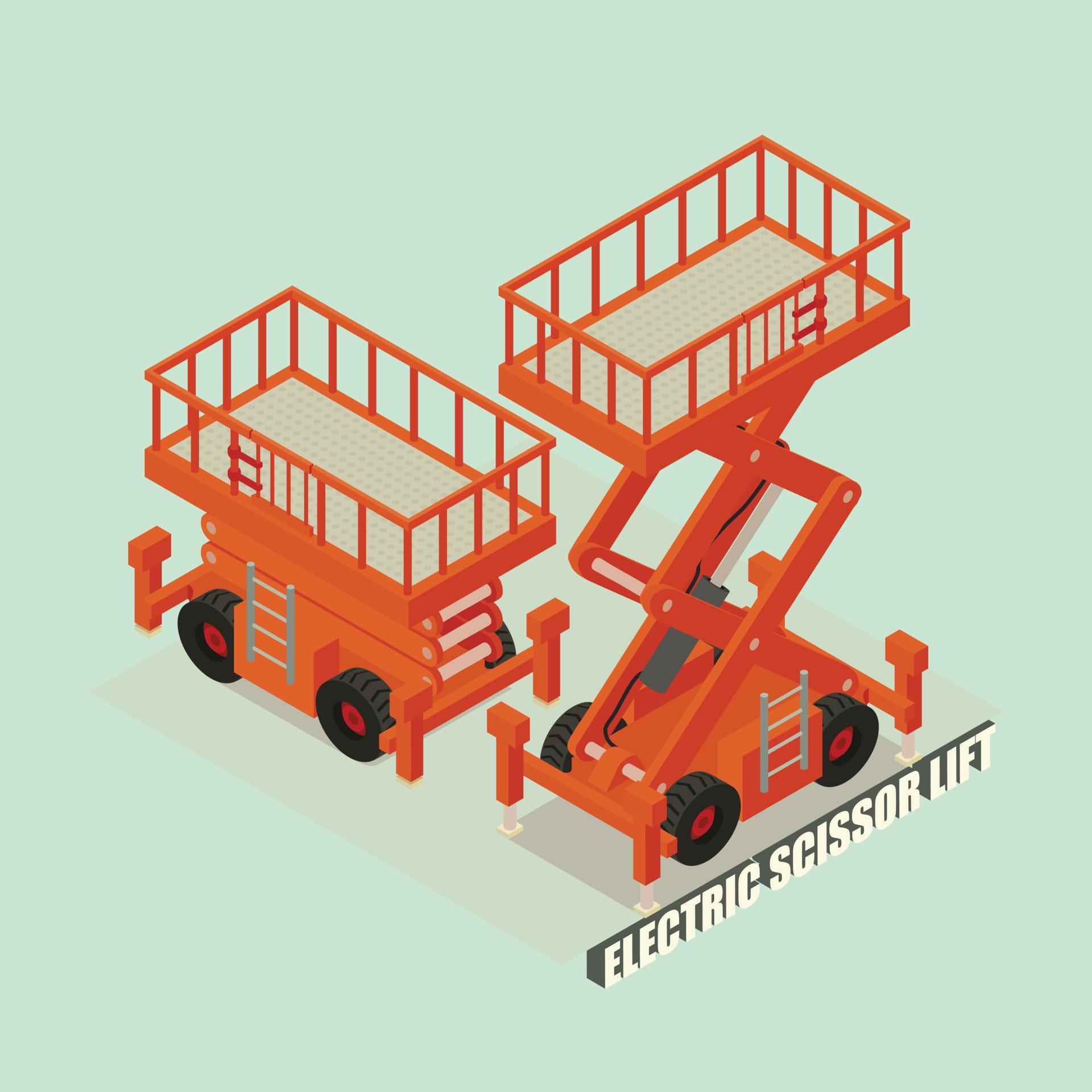 Electric scissor lift concept background, isometric style 8491292