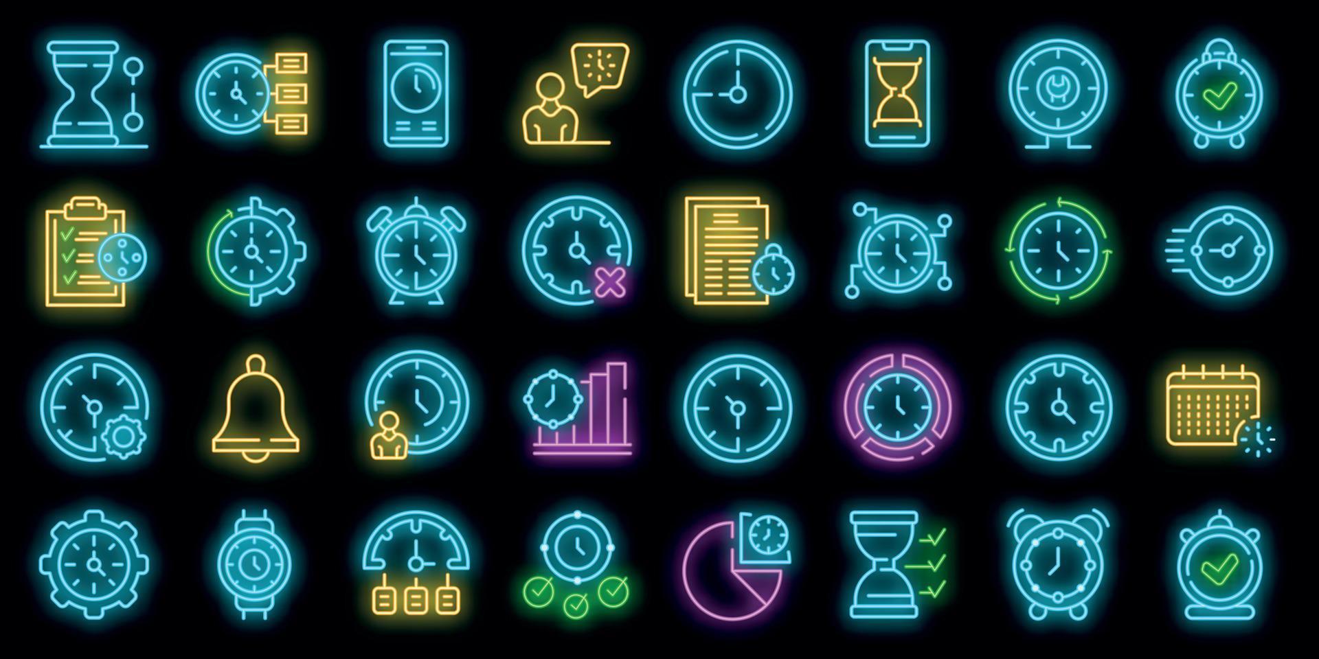 Time management icons set vector neon