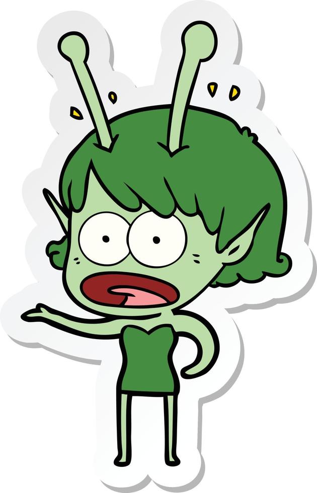 sticker of a cartoon shocked alien girl vector