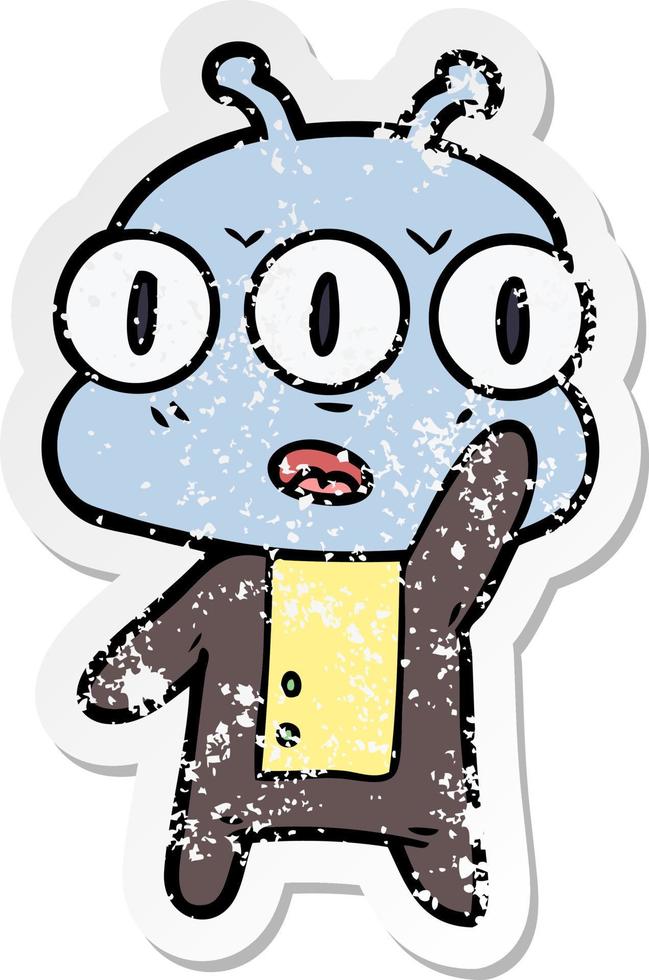 distressed sticker of a cartoon three eyed alien waving vector