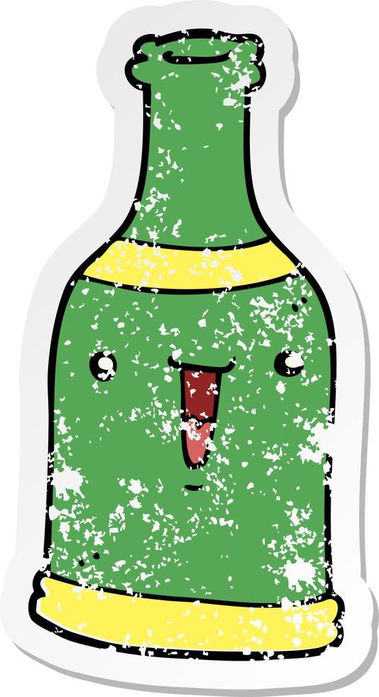 distressed sticker of a cartoon beer bottle vector
