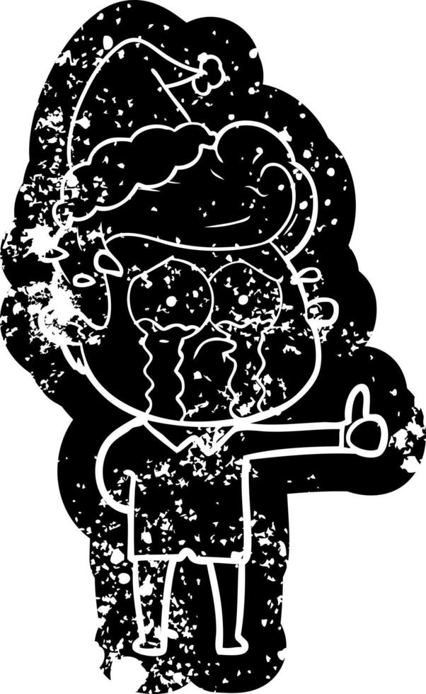 cartoon distressed icon of a crying man wearing santa hat vector
