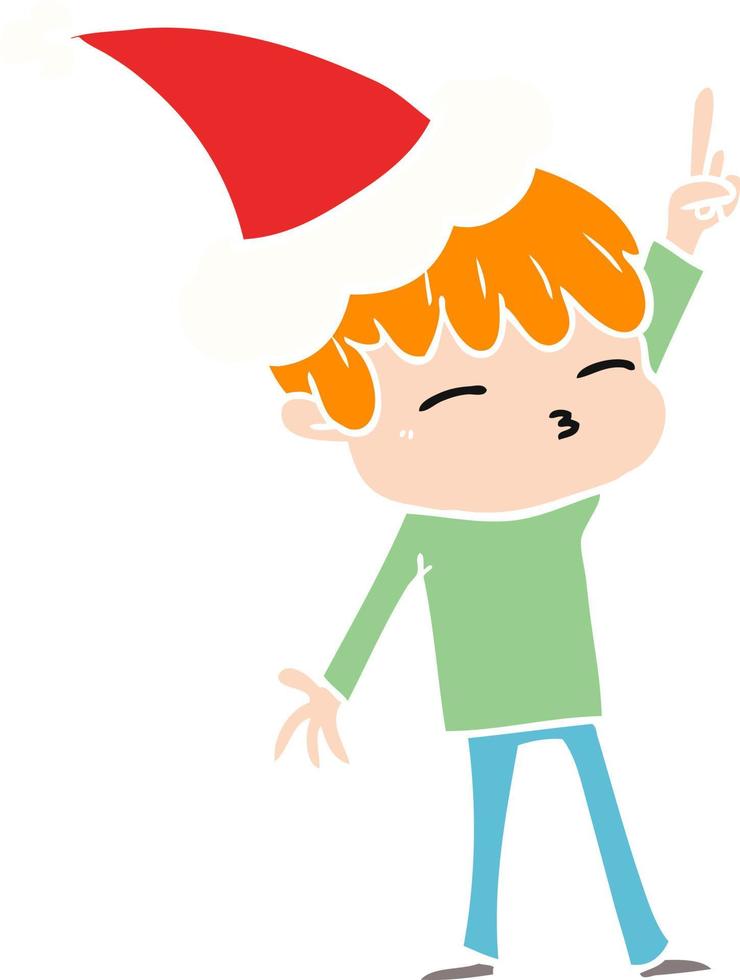 flat color illustration of a curious boy wearing santa hat vector