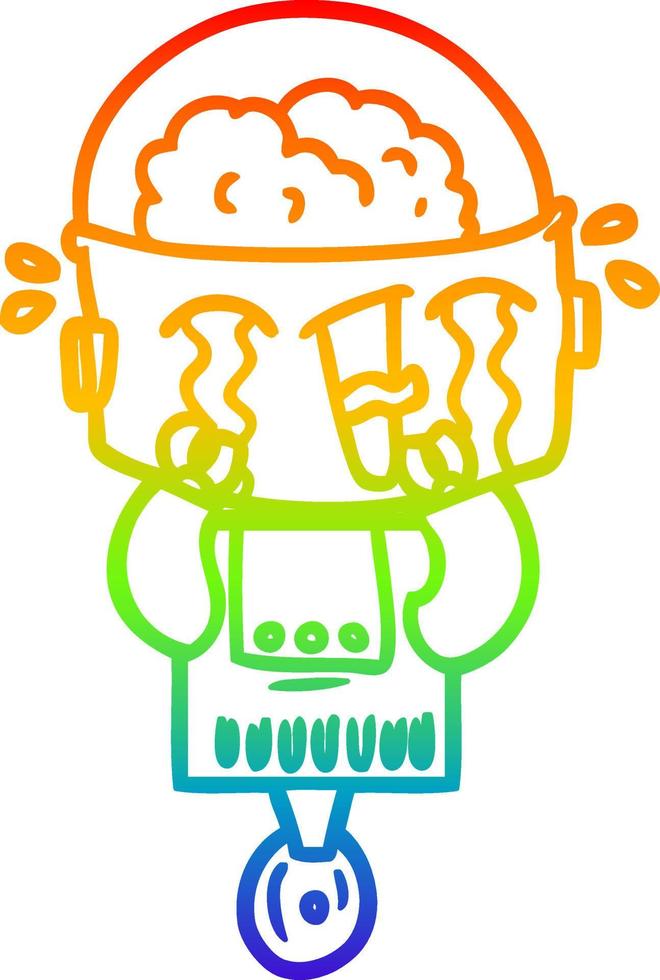 rainbow gradient line drawing cartoon crying robot vector