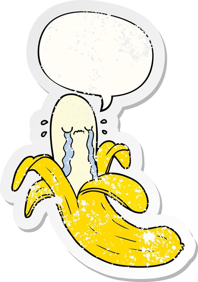cartoon crying banana and speech bubble distressed sticker vector