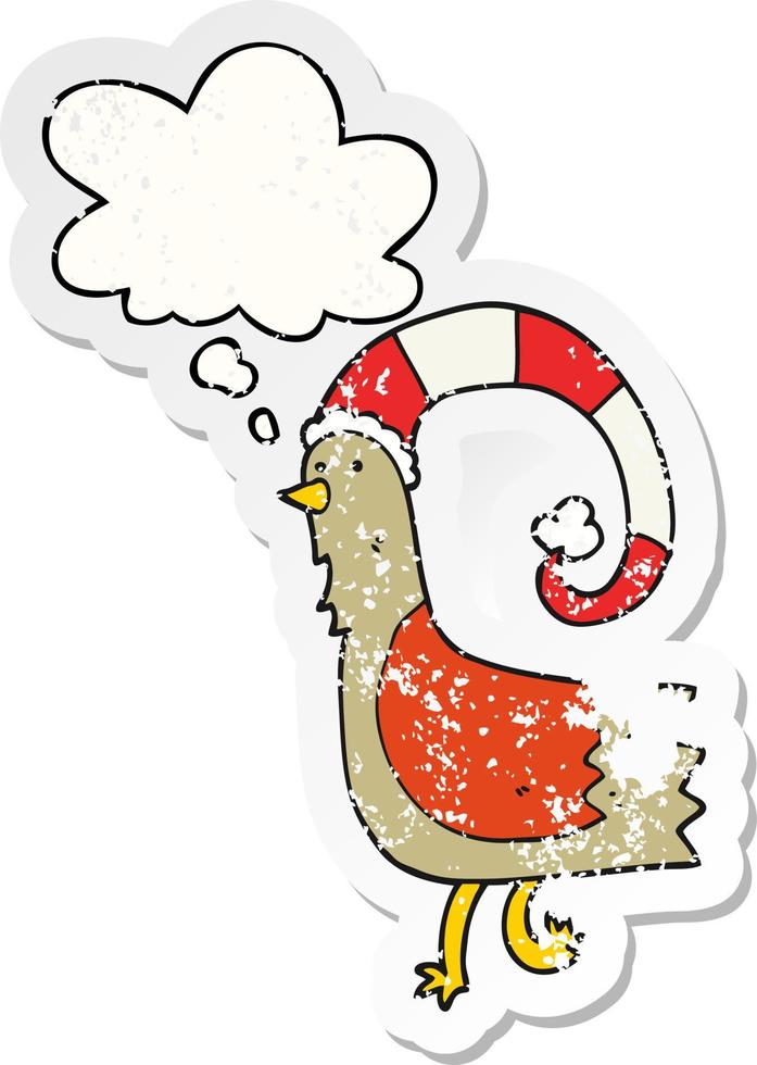 cartoon chicken in funny christmas hat and thought bubble as a distressed worn sticker vector