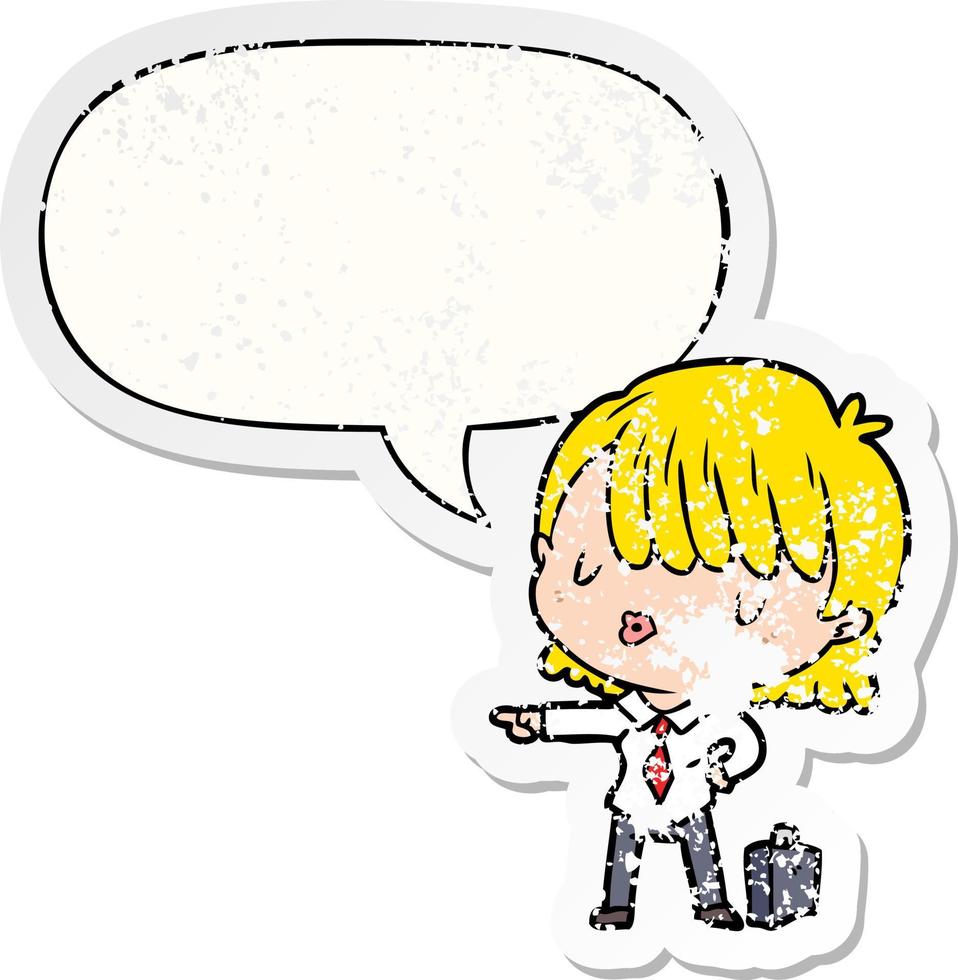 cartoon efficient businesswoman giving orders and speech bubble distressed sticker vector