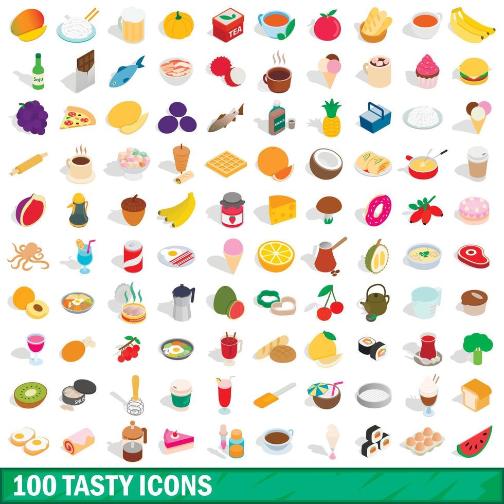 100 tasty icons set, isometric 3d style vector