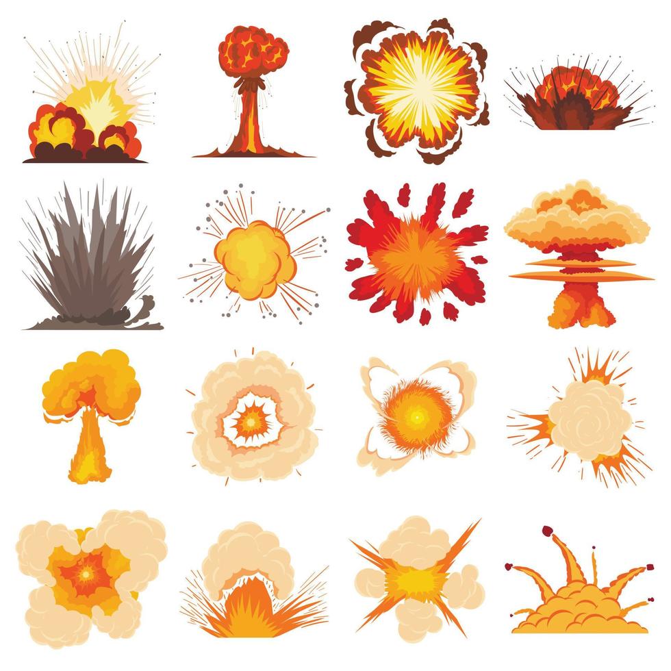 Explosion effect icons set, cartoon style vector