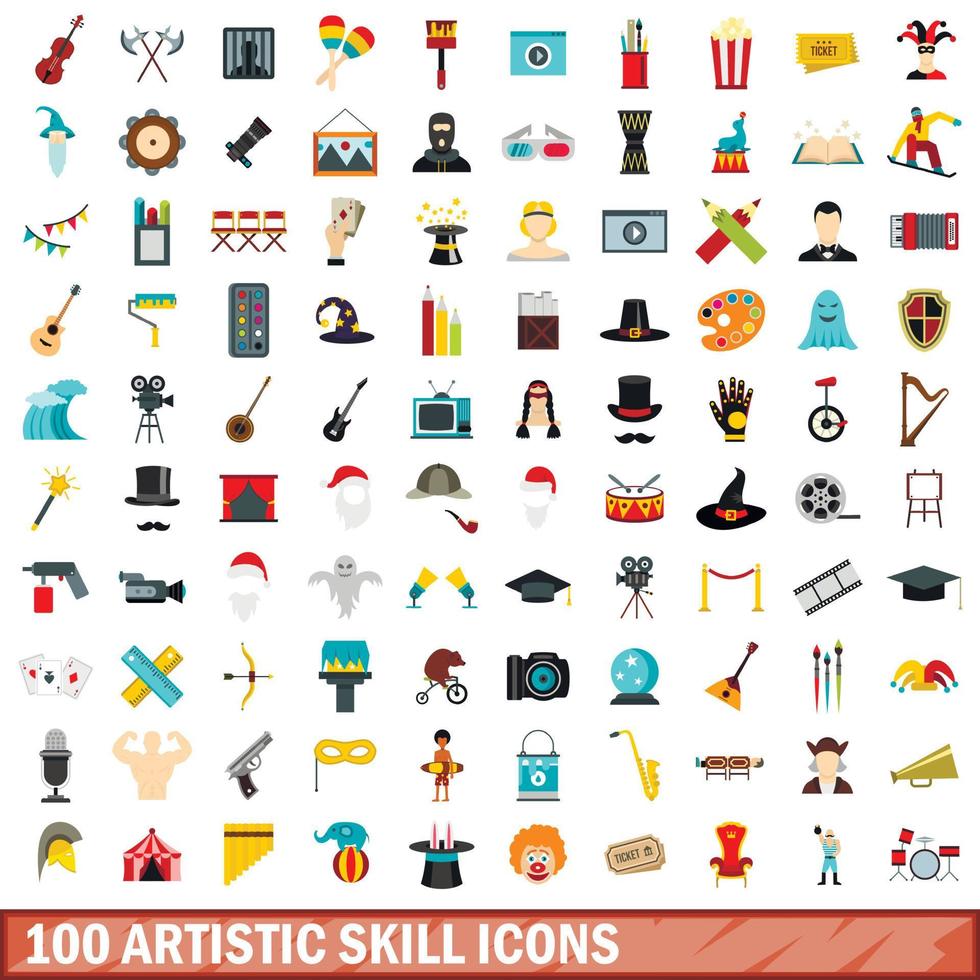 100 artistic skill icons set, flat style vector