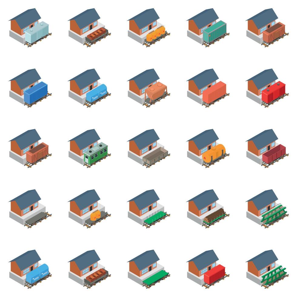 Railway station icons set, isometric style vector