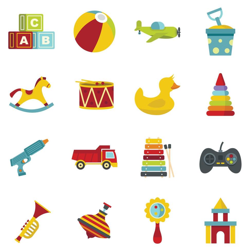 Different kids toys icons set in flat style vector