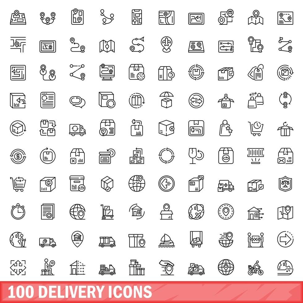 100 delivery icons set, outline style vector