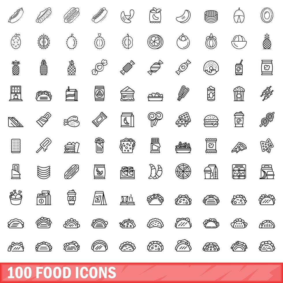 100 food icons set, outline style vector