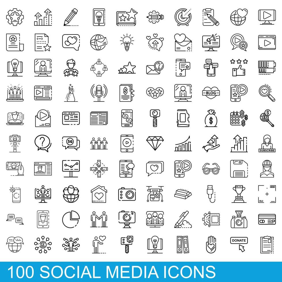 100 social media icons set, outline style vector