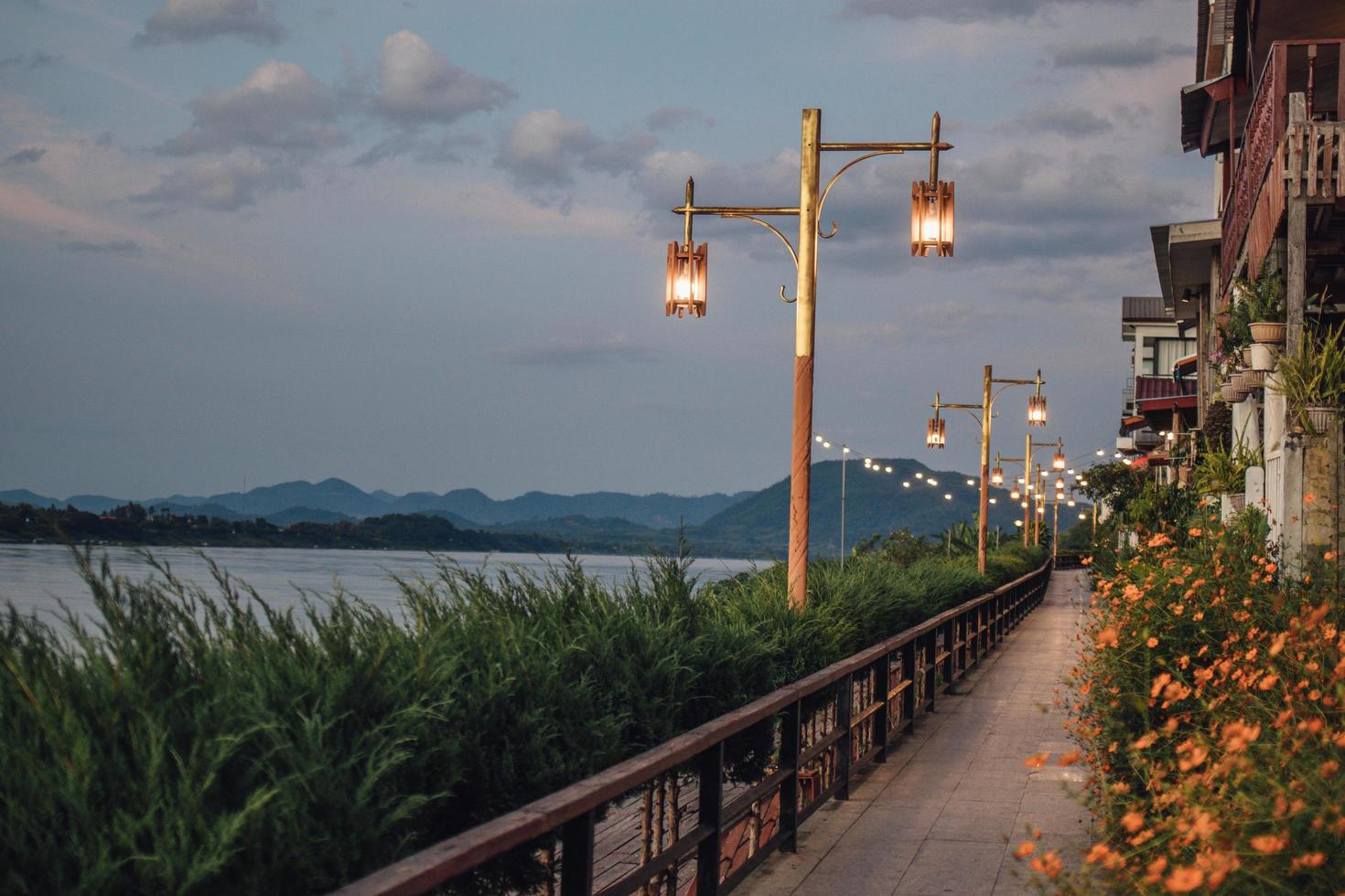 vintage old lamp at dusk, Sunset lamp, blue sky photo