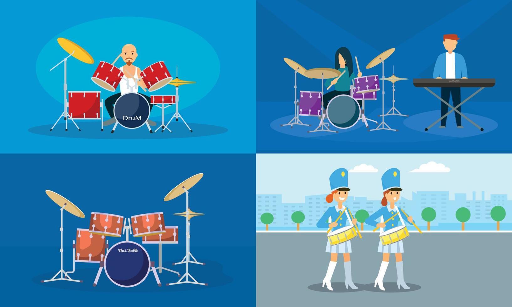 Drummer banner set, flat style vector
