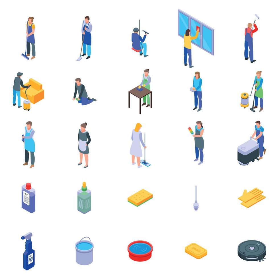 Cleaning services icons set, isometric style vector