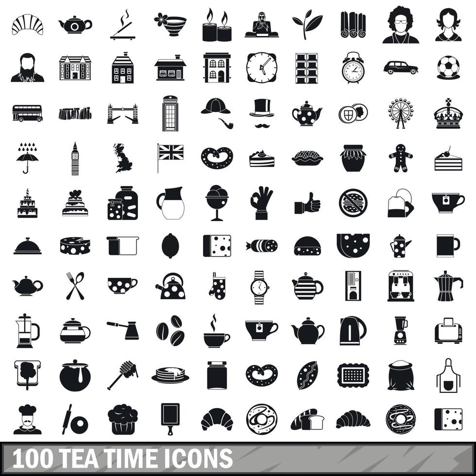 100 tea time food icons set in simple style vector