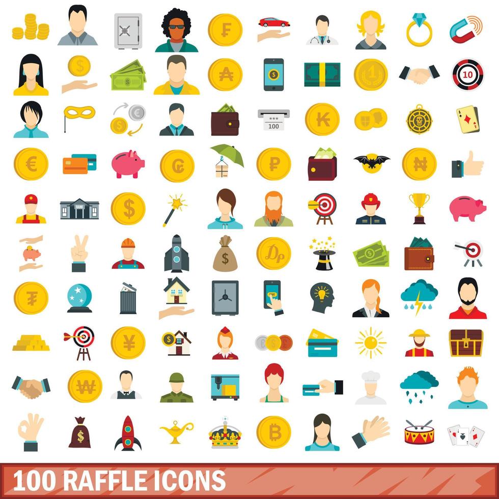 100 raffle icons set, flat style vector