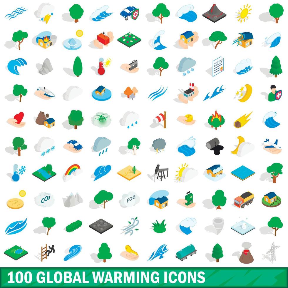 100 global warming icons set, isometric 3d style vector