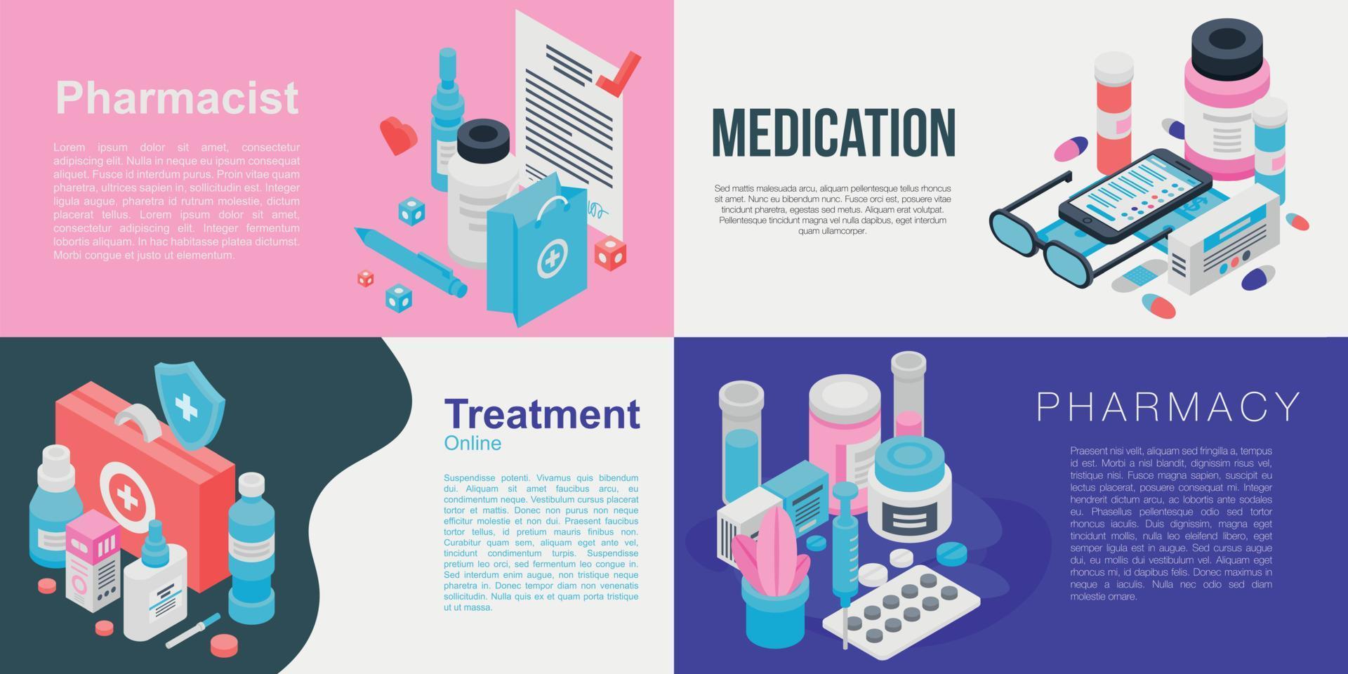 conjunto de banners farmacéuticos, estilo isométrico vector