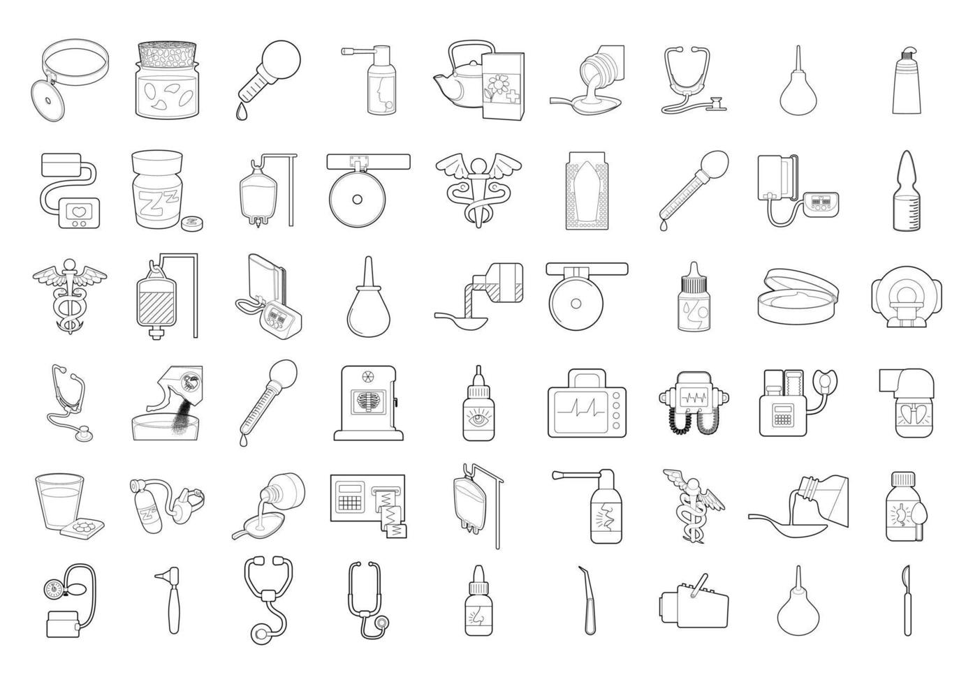 Medical tools icon set, outline style vector