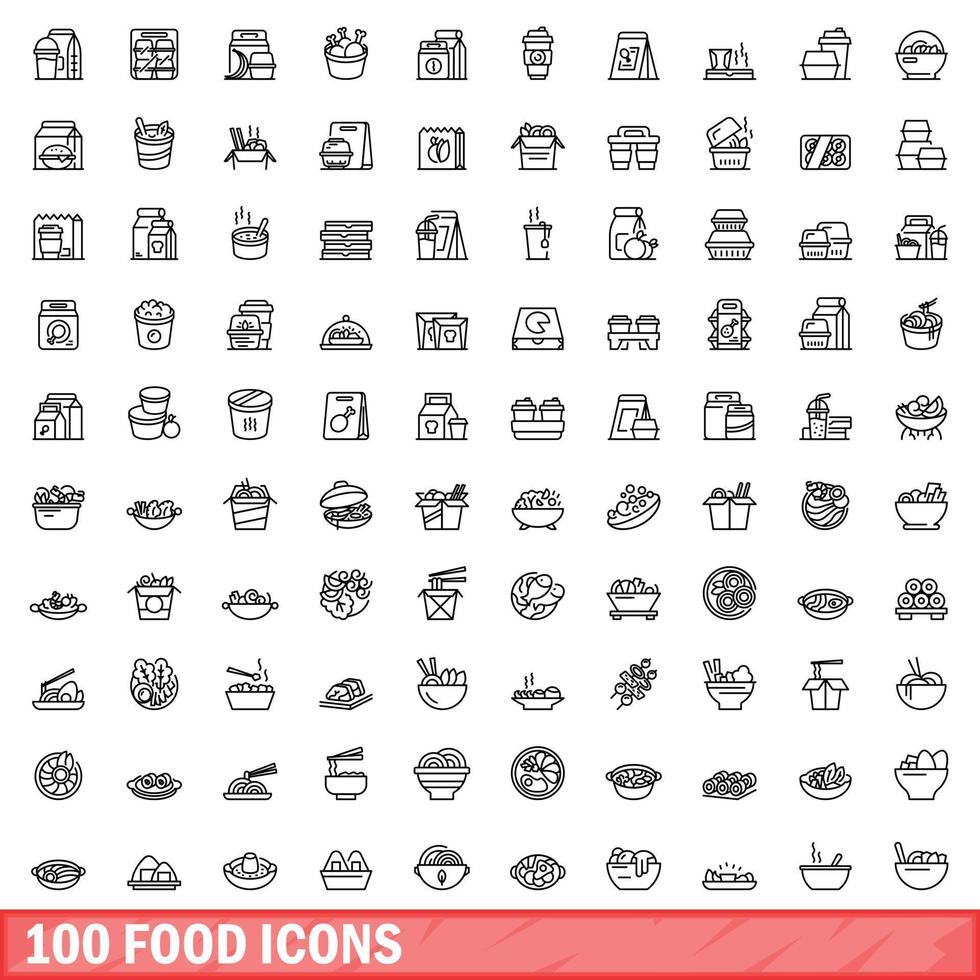 100 iconos de alimentos, estilo de esquema vector