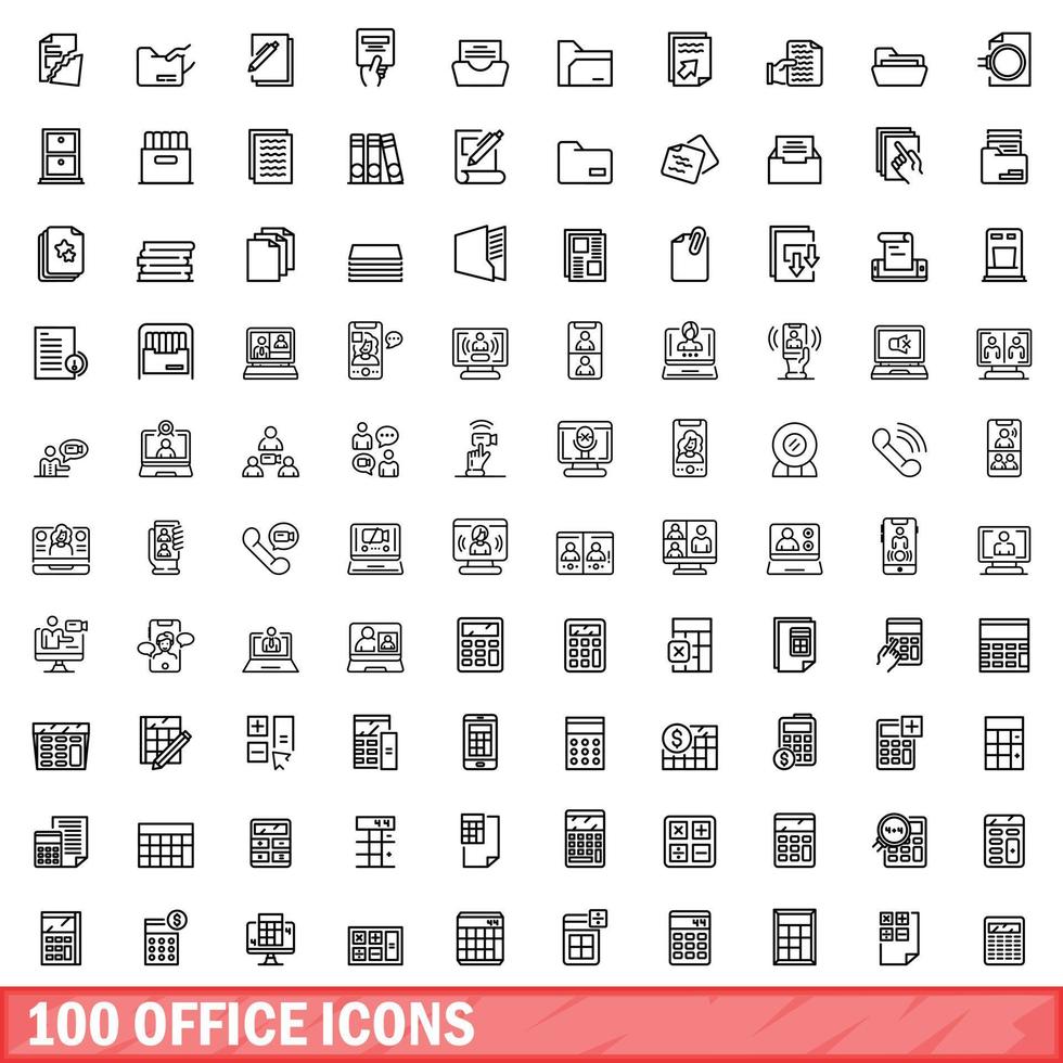 100 iconos de oficina establecidos, estilo de esquema vector