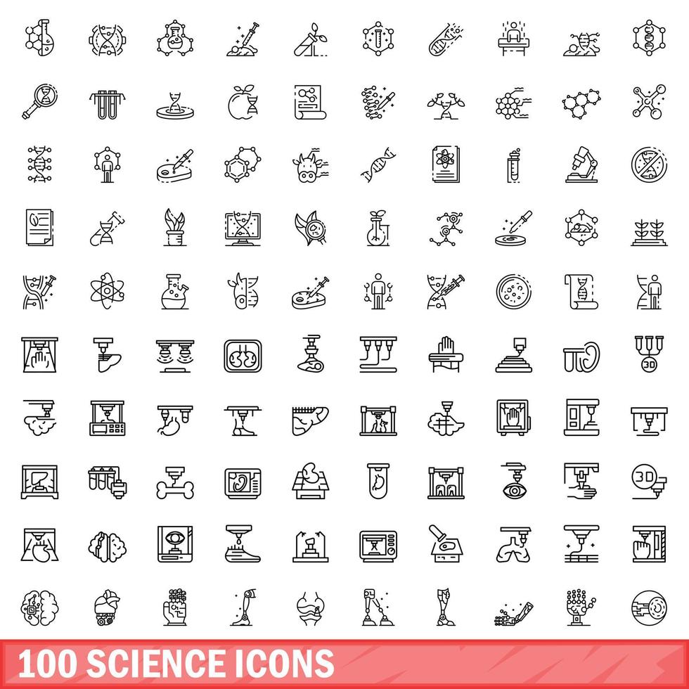 100 science icons set, outline style vector