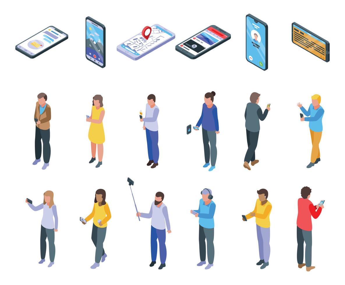 Using smartphone icons set, isometric style vector