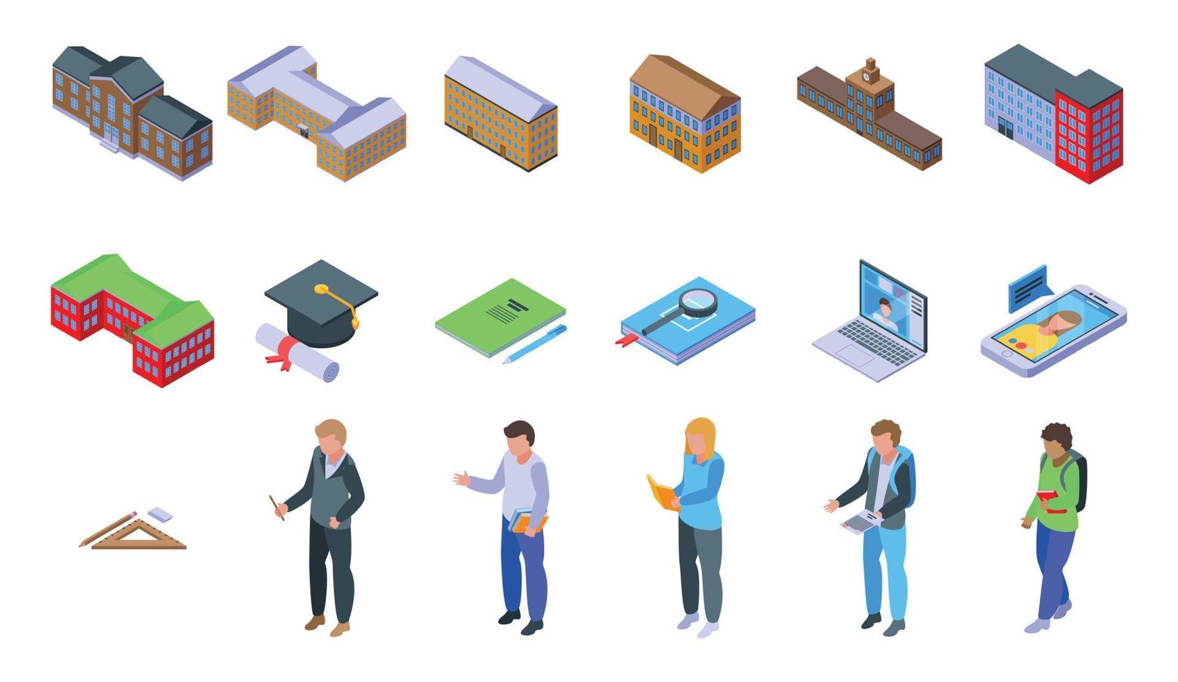 Campus icons set, isometric style vector