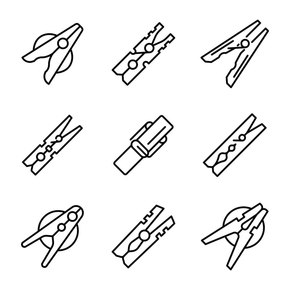 Clothes pins icons set, outline style vector