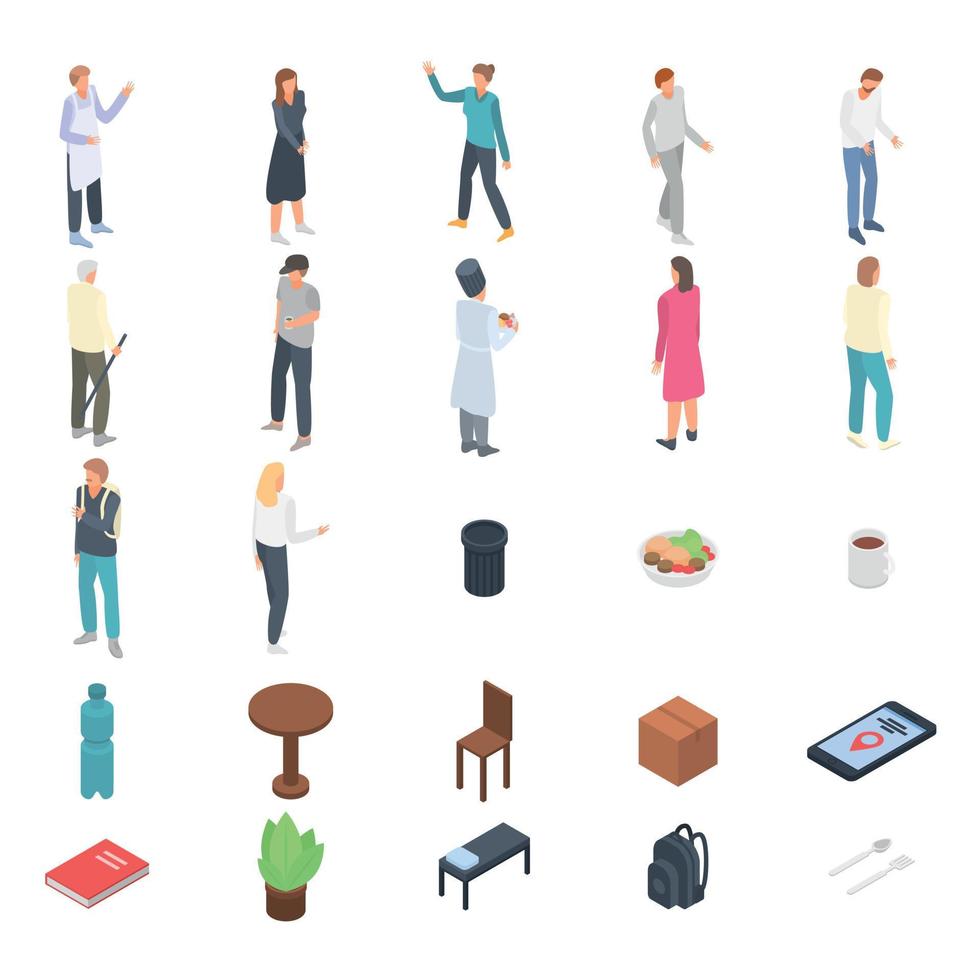 Homeless shelter icons set, isometric style vector