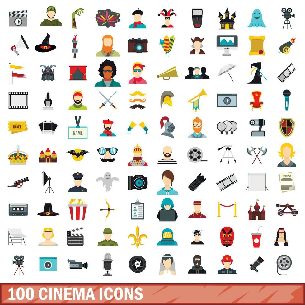 100 cinema icons set, flat style vector