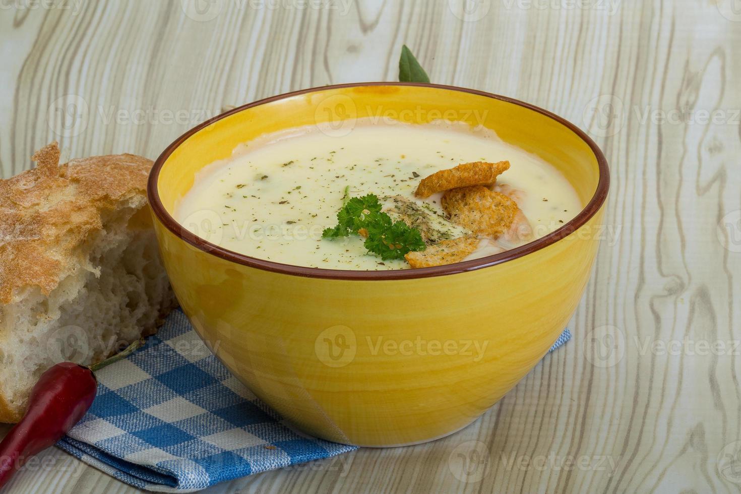 Cheese soup with croutons photo