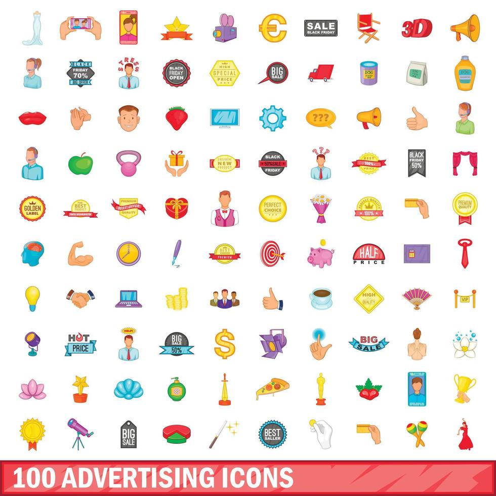 100 iconos publicitarios, estilo de dibujos animados vector