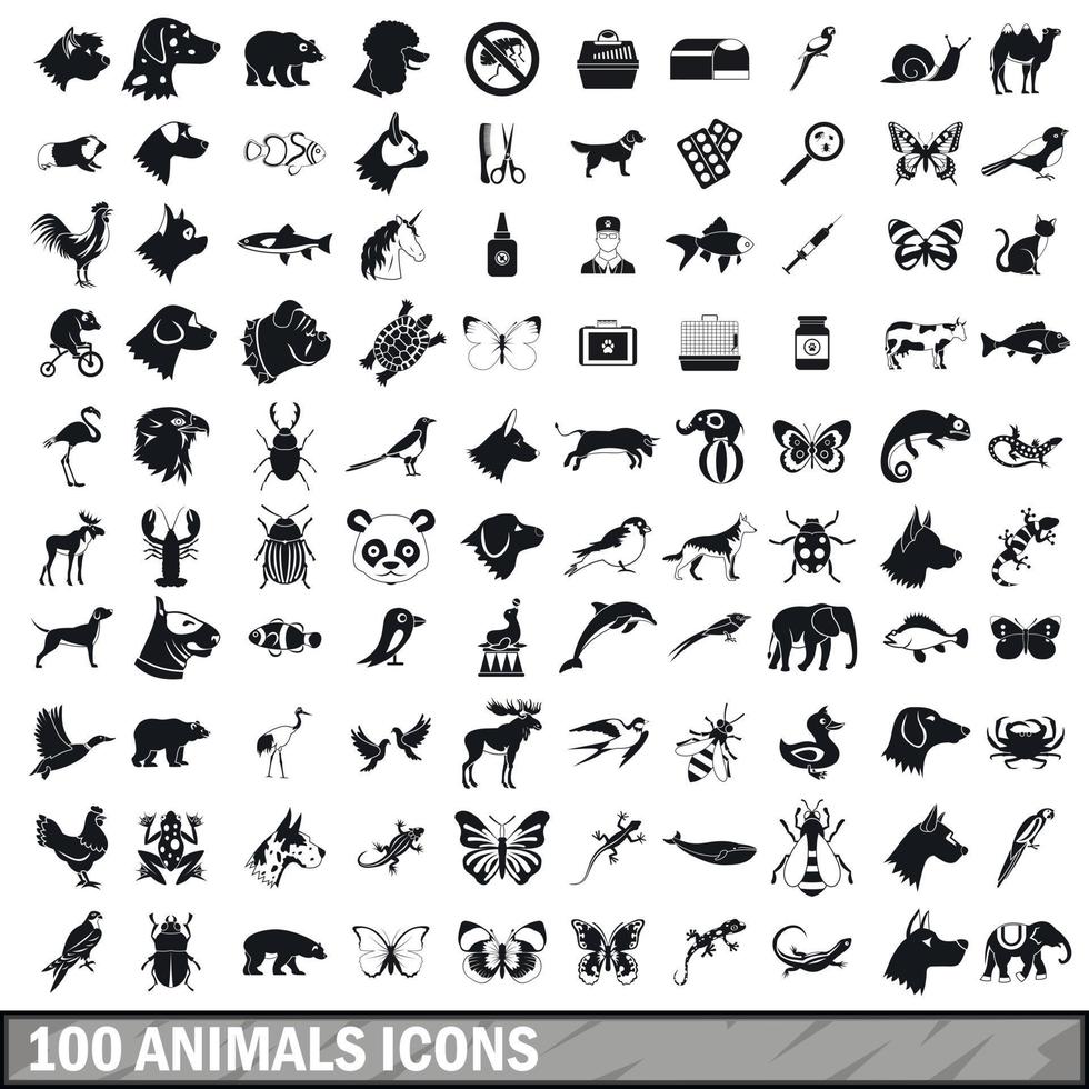 100 animals icons set in simple style vector