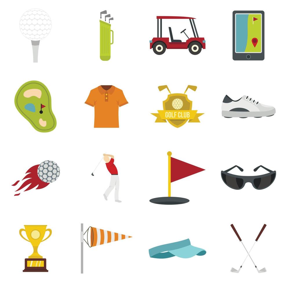iconos de artículos de golf establecidos en estilo plano vector