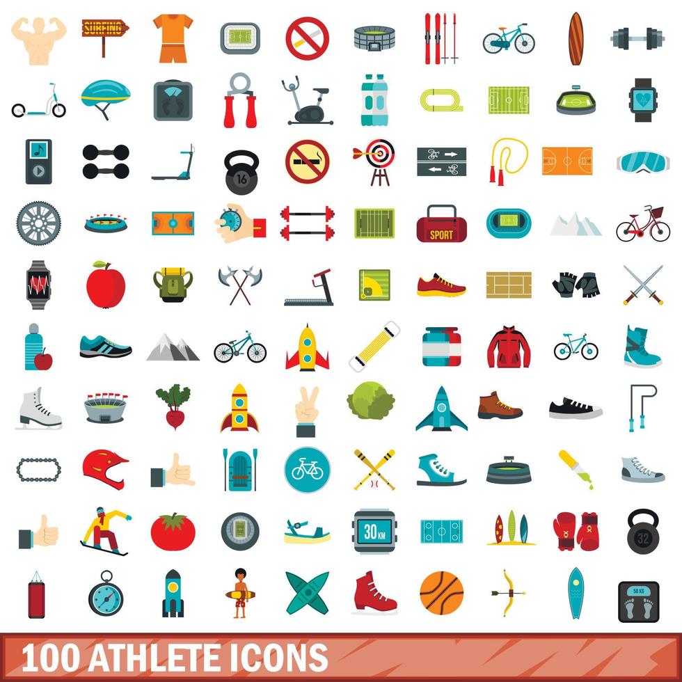 100 athlete icons set, flat style vector