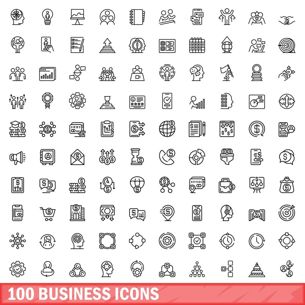 100 business icons set, outline style vector