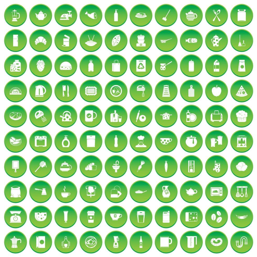 100 kitchen icons set green circle vector