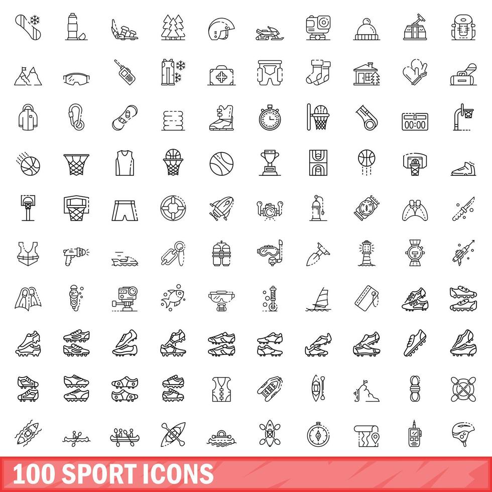 100 sport icons set, outline style vector