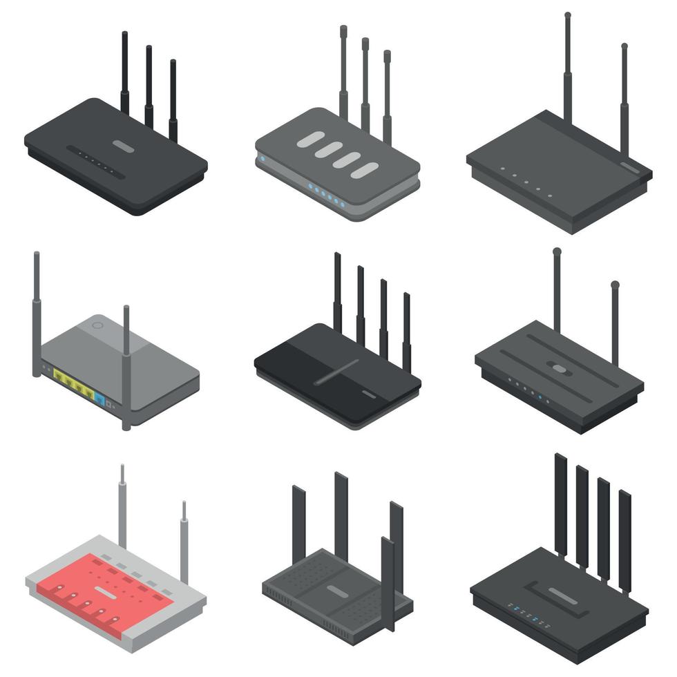 Router icons set, isometric style vector