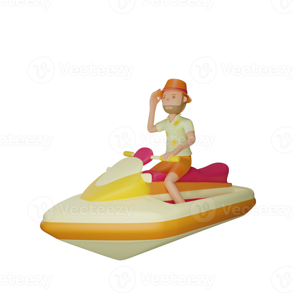 3D summer character riding speedboat with transparent background png