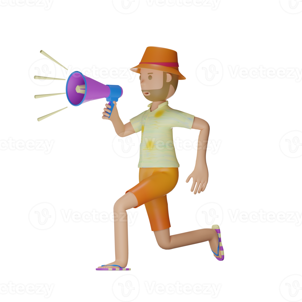 3D summer character holding megaphone illustration with transparent background png